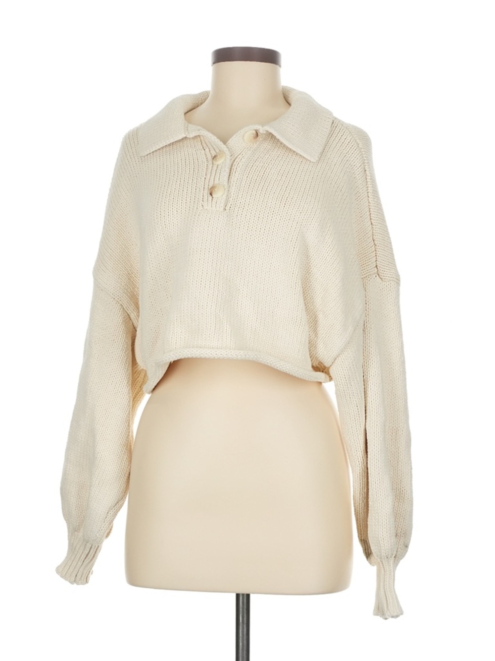 Zara Cropped Polo V-Neck Sweater in Cream